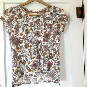 Rachel Zoe White 100% Linen Paisley Multicolor Floral Short Sleeve Blouse Top